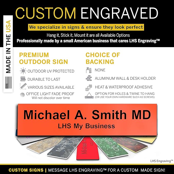 Engraved Door Signs for Office Personalized Orange Plastic Door Plaque Black Letters - Made in USA 2x12 B11
