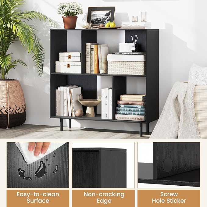 Tangkula 4 Cubby Open Bookcase, 3-Tier Freestanding Bookshelf with Detachable Metal Legs, Anti-toppling Device, Anti-Falling Baffles, Modern Cubicle Display Shelf (1,Black)