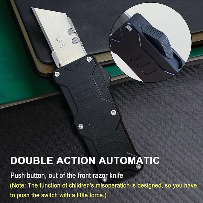 Caressolove Folding Utility Knife For Men, Double Action Auto Retractable Knife, EDC Self Retracting Box Cutter With Belt Clip, Assisted Opening Automatic Knife Push Button With 10pcs Extra Blades
