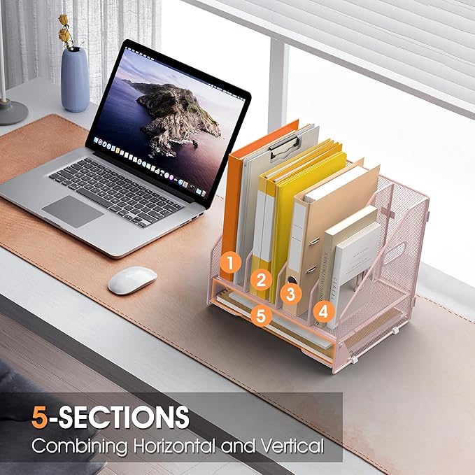 OrgMate Desk File Folder Holder Organizer-4 Vertical Compartments Racks and Paper Letter Tray,Mesh Magazine File Holder Sorter,Desktop Accessories & Workspace Organizers for Home,Office,School-Pink