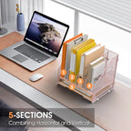 OrgMate Desk File Folder Holder Organizer-4 Vertical Compartments Racks and Paper Letter Tray,Mesh Magazine File Holder Sorter,Desktop Accessories & Workspace Organizers for Home,Office,School-Pink