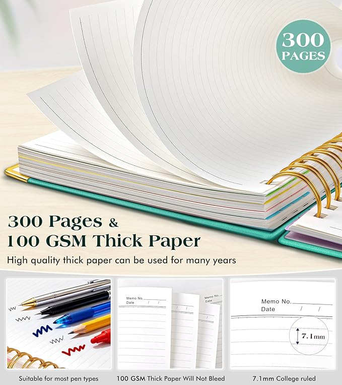 Spiral Notebook Journal with Removable Dividers Tabs, 300 Pages Hardcover Leather 5 Subject College Ruled Notebook, 6.1"x8.2" Large A5 Lined Journal for Women Men Spiral Notebook for Work School,Teal