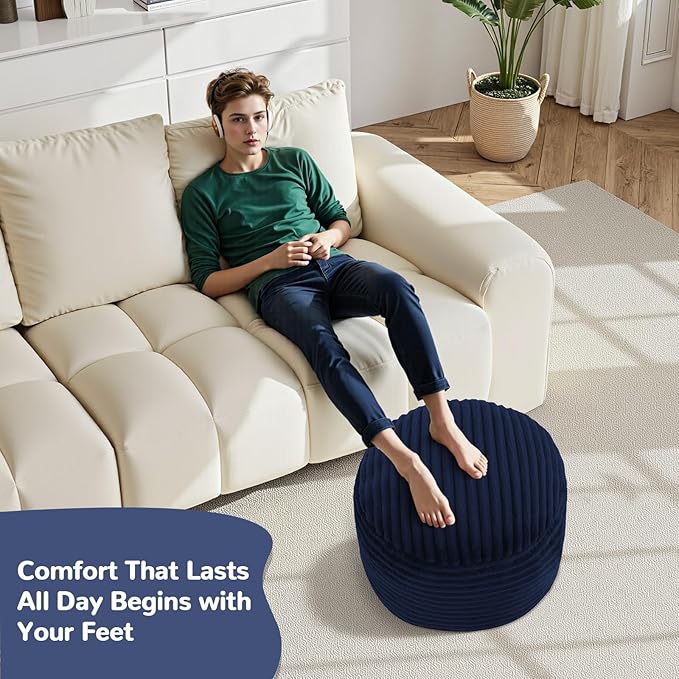 MeMoreCool Stuffed Round Pouf Ottoman Foot Rest, Soft Plush Floor Pouf Foot Stool, Corduray Footstool Footrest, Small Round Ottoman for Living Room Couch Sofa Chair, 20x15 Inch Navy