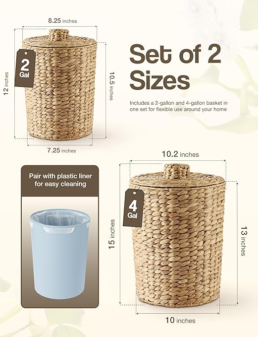 Tidita Set of 2 Wicker Trash Can with Lid - Water Hyacinth Wicker Waste Basket for Bathroom - Bathroom Garbage Can with a Lid - 2 Gallon & 4 Gallon Decorative Rattan Trash Can with Removable Liner