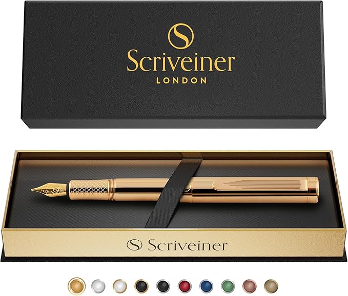 Scriveiner Gold Luxury Fountain Pen (Fine) - Award Winning - Heavy Pocket Stunning Luxury Pen, Real Gold Plating, German Nib & Converter, Nice Gift Pens for Men & Women