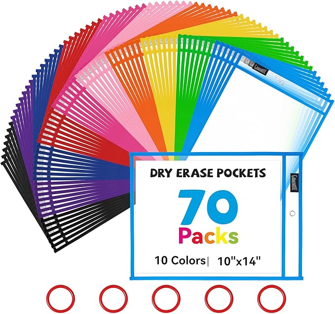 Gamenote 70 Pack Dry Erase Pockets with 5 Rings, 10 Assorted Colors 10x14 Oversized Reusable Plastic Sleeves, Clear Sheet Protectors, Teacher Supplies for Classroom Organization