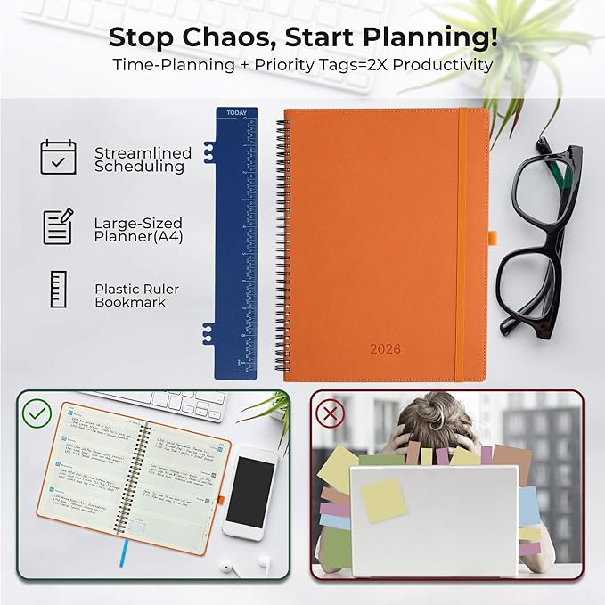 IN-LUXPRO Planner 2026 Daily Weekly and Monthly,11.5"x8.5",12 Months Spiral Bound Calendar Agenda with Self-adhesive Pen Holder,2026 Appointment Book with Vegan Leather Soft Cover,Orange