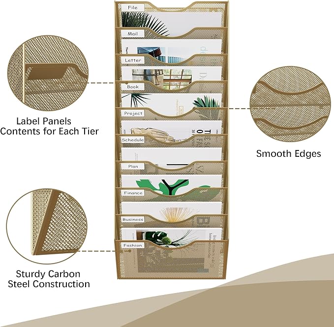 EasyPAG 10 Pocket Mesh Wall File Organizer, Hanging Paper Folder Holder with Classify Label, Vertical Wall Mount Mail Organizer for Office Home Classroom, Gold
