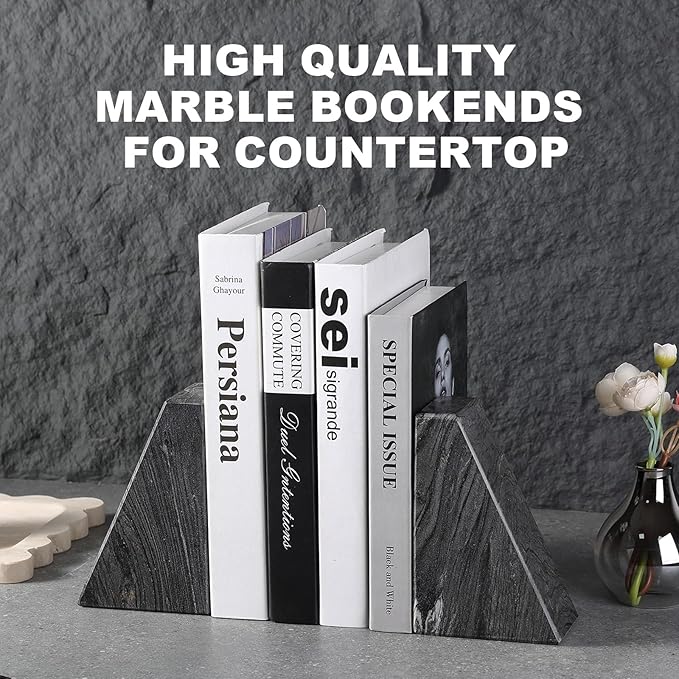 Karibiber Marble Bookends for Heavy Books, Decorative Book Ends for Shelves, Titanium Black Stone Durable and Heavy-Duty Book Ends for Hardback Books & CDS, Unique Book Stopper & Holder, Set of 2