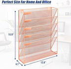 EASEPRES Desk File Organizer Mesh 6-Tier, Hanging Wall Mount Document Organization Stand, Desktop Vertical Mail Paper Folder Holder Rack with Bottom Tray for Office Home Cubicle Countertop, Rose Gold