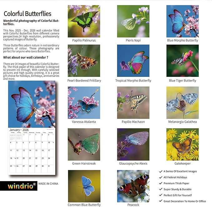 2026 Wall Calendar,Calendar 2026, November 2025 - December 2026, Wall Calendar Butterfly, 12" x 24" Opened,Full Page Months Thick & Sturdy Paper for Calendar Organizing & Planning