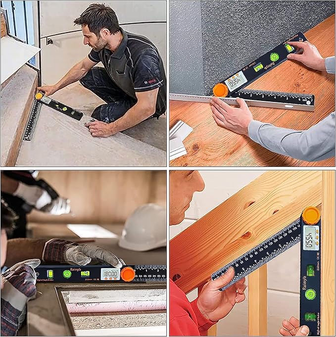 Rainyb Digital Angle Finder Tool 7inch 0-360 degree LCD Digital Protractor with Horizontal Vertical Bubble Levels and Ruler Meter Accurate Tools for Carpenters,Woodworkers,Fabricators（7-Inch X 2Pcs）