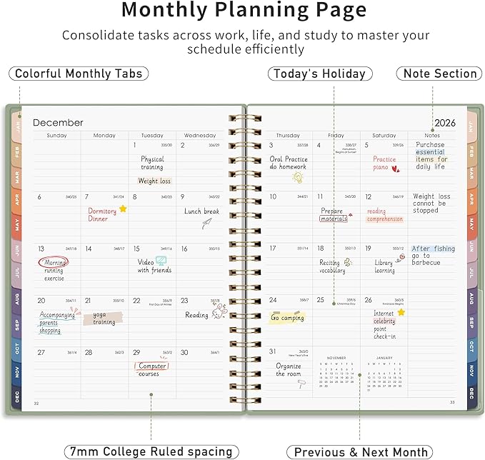 RETTACY 2026-2027 Monthly Planner, Jan 2026 - Dec 2027, Large Size (8.5" x 11"), Agenda, Calendar, 24 Month Tabs, Flexible Plastic Cover, 100 GSM Thick Paper, Spiral-bound (Light Green)