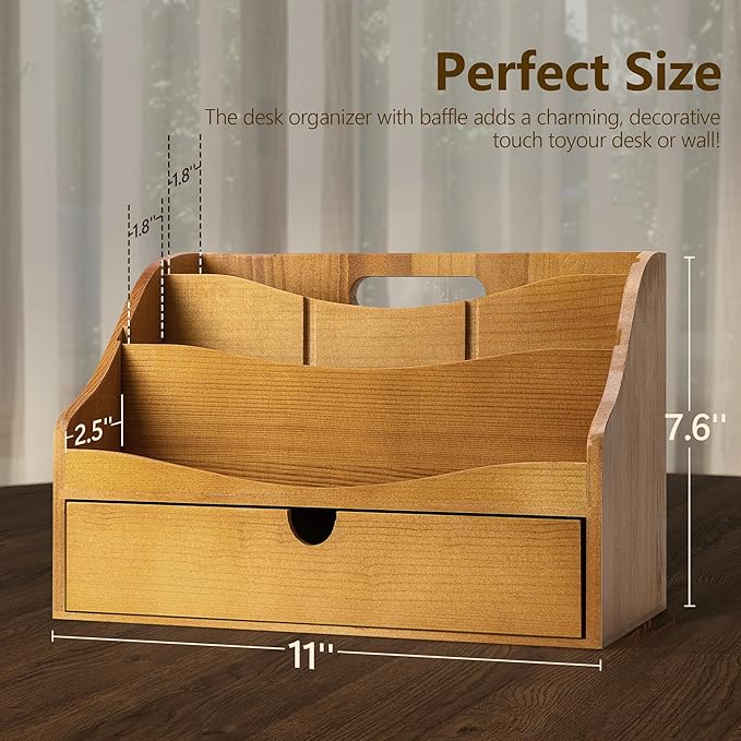 Rebee Vision Pine Wood Mail Organizer for Desk - Rustic Chic with Drawer & Dividers - 4-Slot File Holder & Small Items - Storage Organizer for Charming Home Decor(Yellow)