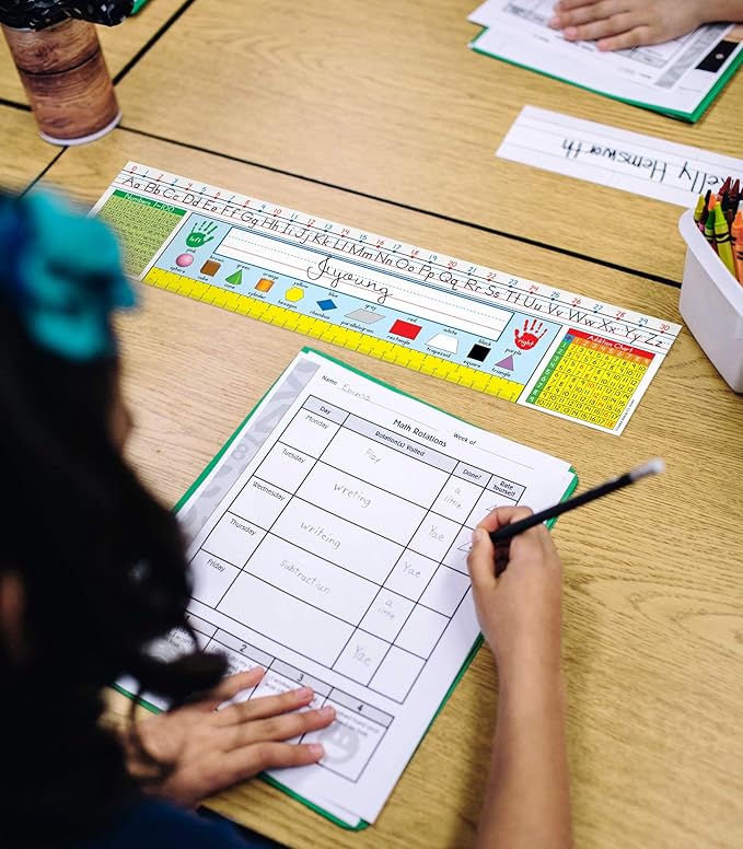 Carson Dellosa Education 36PC Traditional Manuscript Name Plate for Desk, Nametags With Alphabet, Number Line, Addition & 100 Chart, Ruler, and More Classroom Essentials, School Labels for Desk Decor