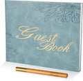 Blue Leather Wedding Guest Book,Polaroid Guest Book for Vacation Home,Wedding Reception,Funeral,Party,Memorial Service,10.3x8'' Embossed Gold Guestbook,House Visitor Guest Sign in Book with Pen
