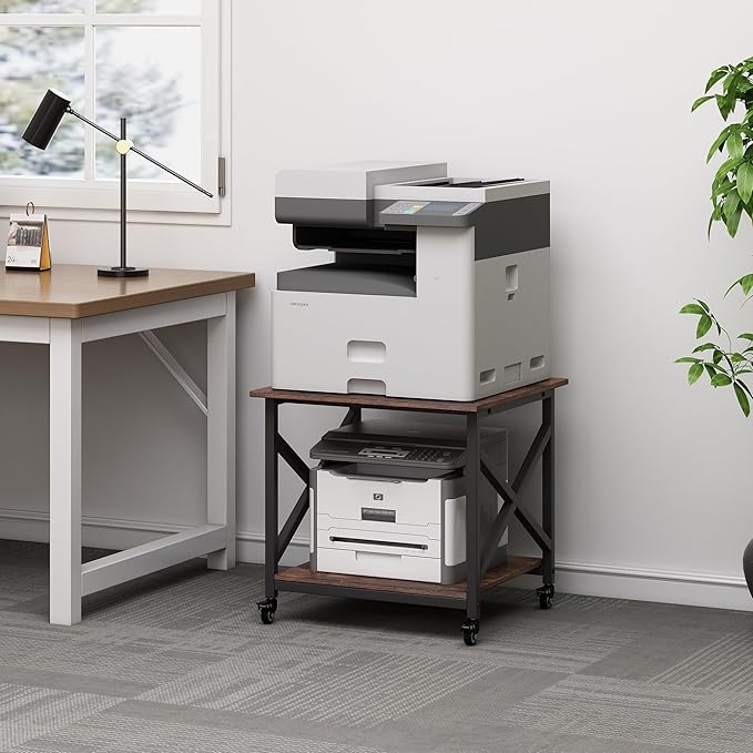 Fannova Large Printer Stand, 23.6 x 23.6 x 22.6 Inches Square Printer Table with Storage Shelf, 2 Tier Rolling Printer Cart with Industrial Wheels for Home Office - Rustic Brown