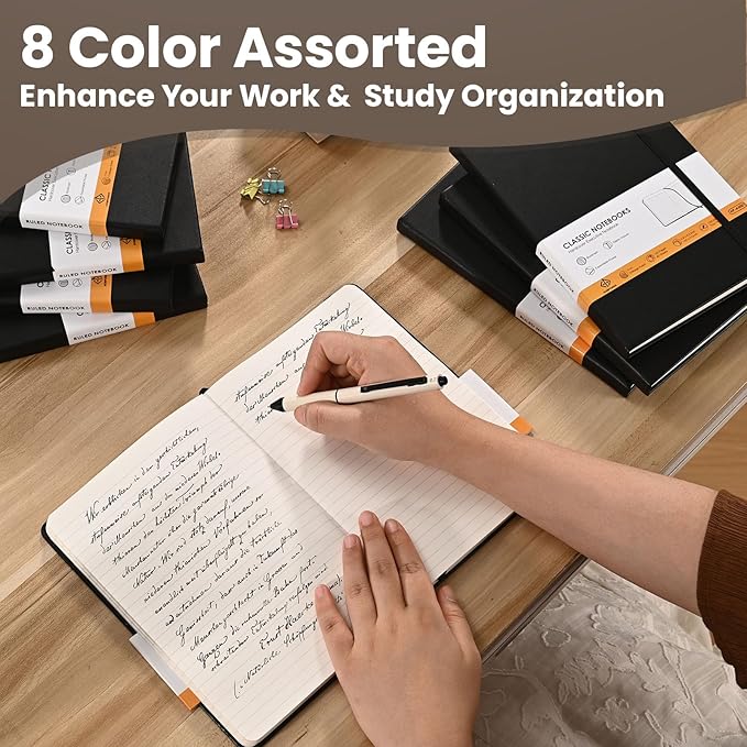 Lined Notebook Journals for Writing 5.5 x 8.2 inches, 160 Pages A5 Size with Expandable Pocket, Hardcover Notebooks for Work, 100GSM Paper (Classic Black 8 Packs)