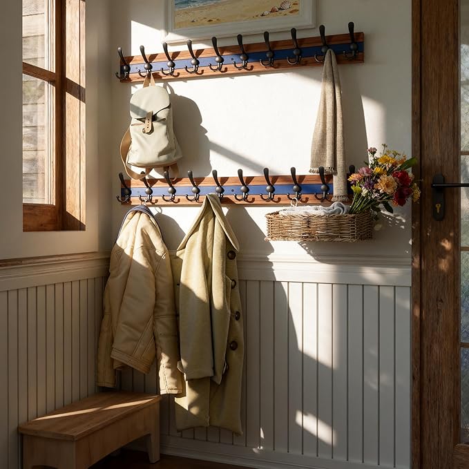 SKOLOO Rustic Coat Rack Wall Mount- 38-1/8" Long Coat Hooks for Wall with 10 Triple Hooks for Hanging Coats, Hats or Tools, Western National Parks Collection, Wood Brown & Blue, Pack of 2