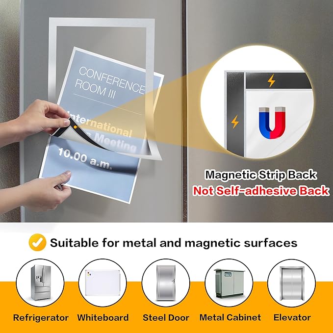 VAIIGO 5Packs Magnetic Frames for Refrigerator - 8.5x11 Magnetic Sign Holder with Metal Surface - File/Paper/Document Holder & Photos/Picture/Poster Frame for Home/Office (Silver)