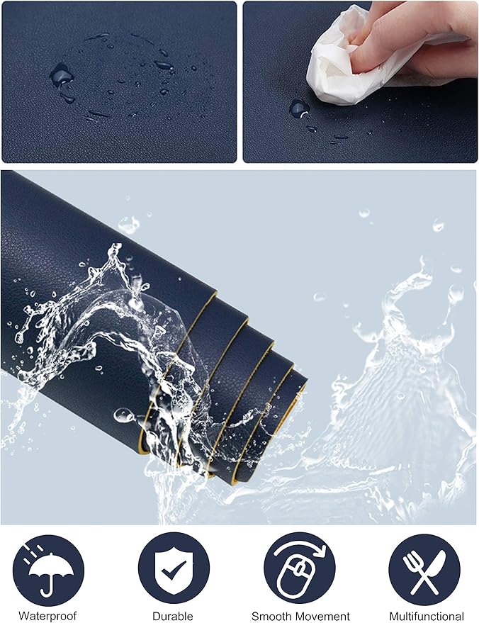 SUJAYU Dual Sided PU Leather Desk Pad, Mouse Pad, Office Desk Mat, Non-Slip Laptop Desk Pad, Waterproof Desk Writing Pad for Office and Home (31.5" x 15.7", Dark Blue + Yellow)