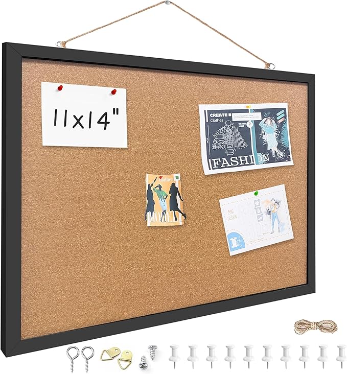Yunihome Cork Bulletin Board, 11x14 Inches Hanging Cork Board Wooden Framed with Pins for Wall, Dorm Room, Office, Home Decor – Natural Cork & Black Frame
