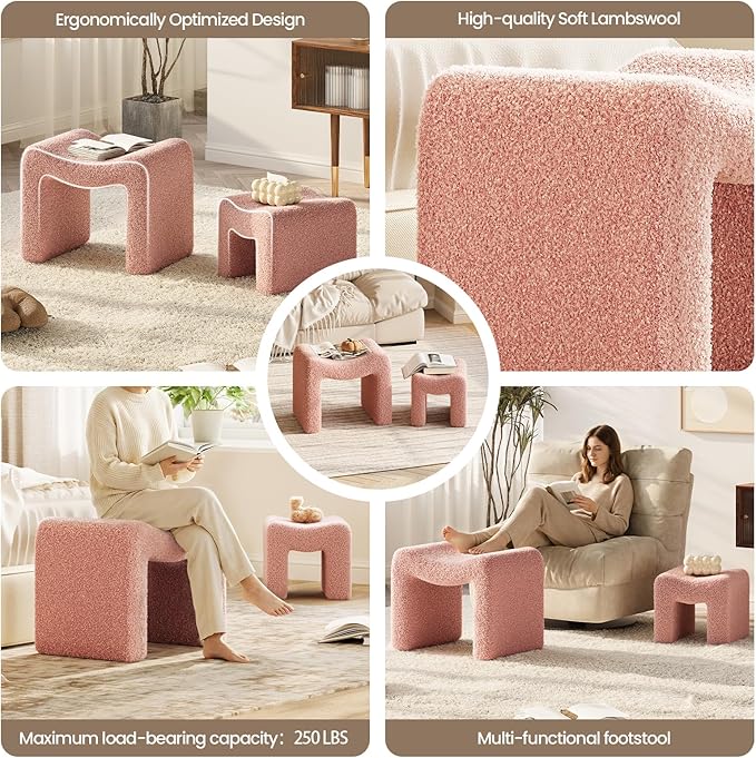 ZYKZYK Ottoman Set of 2, Plush Velvet Vanity Seats with Modern Foot Rest, Backless Stool Pair for Bedroom, Living Room & Makeup Dressing Table (2-in-1) Pink