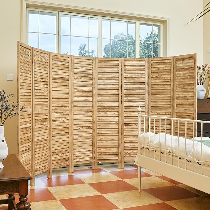 Room Partitions and Dividers, Temporary Wall with Double Hinges, 5.6 Ft Tall Folding Louver Wood Screen for Home Office Bedroom Hotel Decoration (8 Panels, Wood Color)