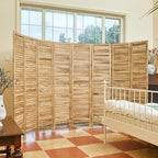 Room Partitions and Dividers, Temporary Wall with Double Hinges, 5.6 Ft Tall Folding Louver Wood Screen for Home Office Bedroom Hotel Decoration (8 Panels, Wood Color)