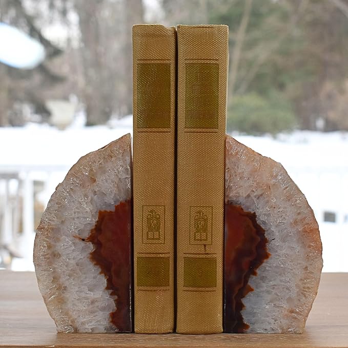 Nature's Decorations Agate Bookends - A Quality Brown Geode with Non-Skid Rubber Bumpers for Shelves, Office, Home Decor - Heavy Duty Cool Crystal Stone (2-3 LB)