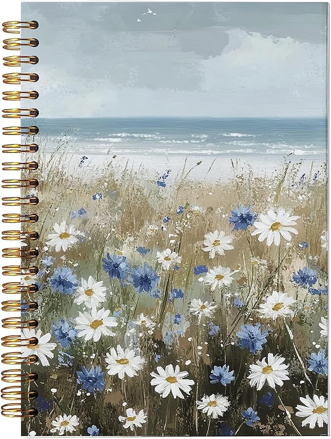 Beach Wildflowers Hardcover Spiral Notebooks - Coastal Boho Farmhouse Flowers Nautical Sea Journal for Women, Ocean Themed Gifts for Beach Lovers, White and Blue Daisy Seaside Notebook 5.5x8.3 Inch