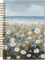 Beach Wildflowers Hardcover Spiral Notebooks - Coastal Boho Farmhouse Flowers Nautical Sea Journal for Women, Ocean Themed Gifts for Beach Lovers, White and Blue Daisy Seaside Notebook 5.5x8.3 Inch