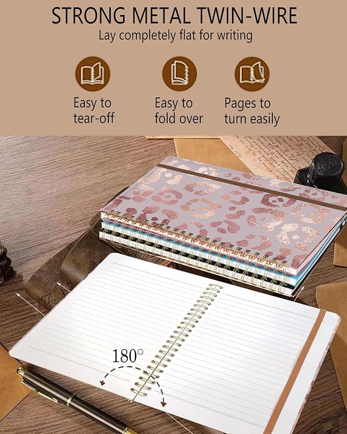 DHGPTS Spiral Journal Notebook, A5 Cute Notebooks for Women Men, College Ruled Hardcover Notebook for Work & Note Taking, 60 Pages Double-Wire Journals for Writing, Pink Glitter Leopard