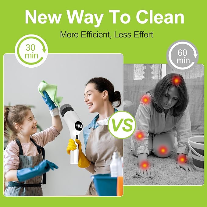 Wky G3 Electric Spin Scrubber - 10-in-1 Cordless Shower Scrubber & Cleaning Brush with Extendable Handle, 2 Speeds, IPX7 Waterproof Brush Heads, LED Display, Smart AI Chip,for Bathroom, Kitchen White