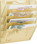 EASEPRES 5 Pocket Mesh Hanging Wall File Organizer, Wall Mounted Mail Paper Document Folder Holder, Clipboard Storage Organization Magazine Rack with Nametag Label for Office Home School, Gold