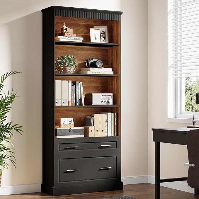 Tribesigns Way to Origin 2-Drawer Vertical File Cabinet for Letter Size, Moder Filing Cabinet with 5-Tier Bookshelf, Large Printer Stand with Open Storage Shelves for Home Office (Black)