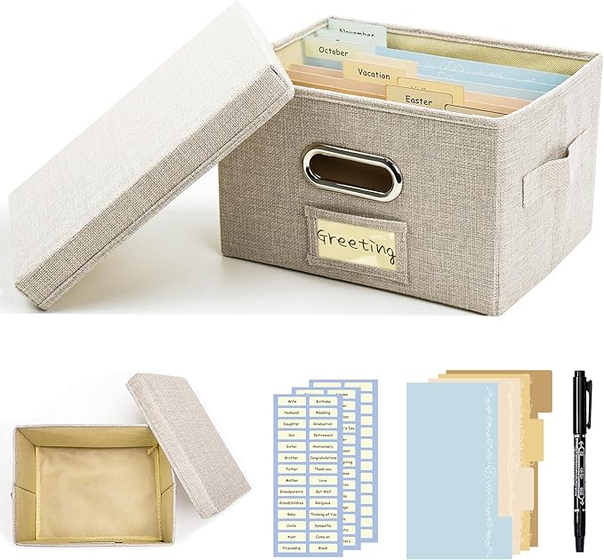 Remowith Greeting Card Organizer and Storage Box with 20 Pcs Adjustable Dividers, Storing Cards with 84 Pcs Labels Perfect for Storing Greeting Cards, Envelopes, Photos 1 Pack Beige
