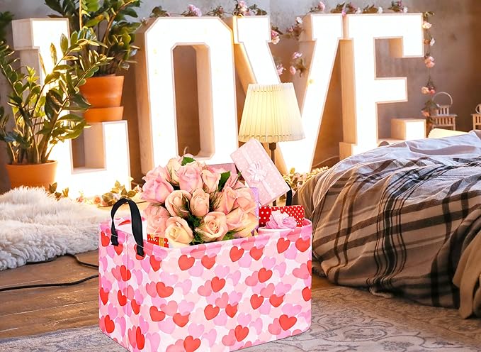 FUULOXE Rectangular Valentines Basket Storage Bin for Shelves Girls Gifts Baskets Foldable Box with Handles for Home Office Car Dormroom Valentine's Day Party Supplies