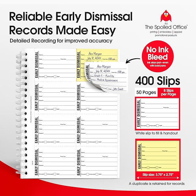 The Spoiled Office Early Dismissal Slip Book with Carbonless Duplicates 400 Pcs- 2 3/4"x3 3/4"- Easy Tracking Log Book for School Carbon Copy, School Supplies, Office Supplies for Desk, Spiral Bound