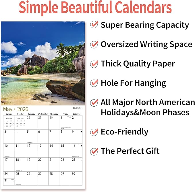 2026 Wall Calendar,Calendar 2026, January 2026 - December 2026, Wall Calendar BEACHES, 12" x 24" Opened,Full Page Months Thick & Sturdy Paper for Calendar Organizing & Planning