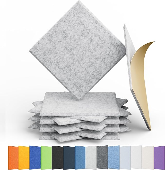 Amantech 12 Pack Acoustic Panels Self Adhesive Sound Proof Foam, High Density Sound Acoustic Panel, 12X12X0.4 Inch Square Panels in Home, Office, Reccording Room, Studio,and more(Silver Gray)
