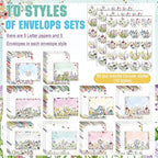 TaoBary 160 Pcs Stationery Paper Set 50 Double Sided Stationery Papers with 50 Matching Envelopes and 60 Round Dot Sticker, 10 Design(Wildflower,5.5 x 8.25 Inch)