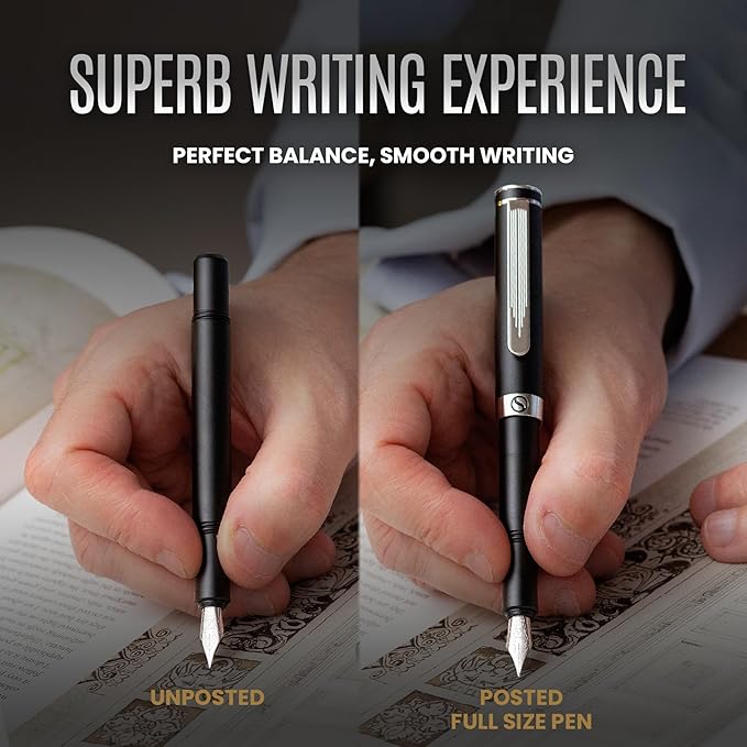 Scriveiner Luxury Fountain Pen - Medium Matt Black With Chrome Finish, Schmidt German Nib, Converter - Best Writing Gift Set for Men & Women - Fancy Office Designer EDC Pocket Pen