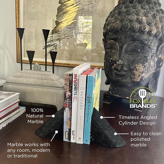 Fox Run 100% Natural Polished Marble Bookends, Black, Set of 2, Angled