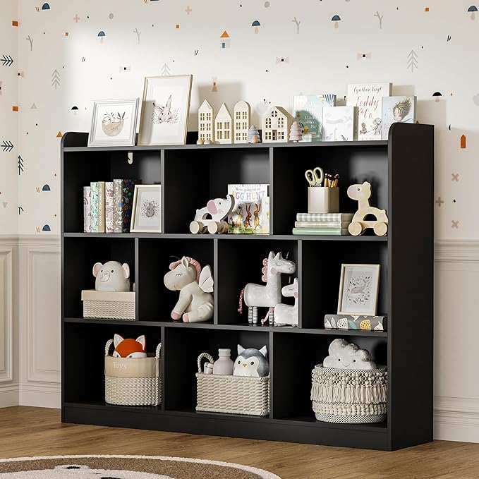 DIYART Black Bookshelf, Wood Bookcase with 3 Tier Open Shelves, 10-Cube Minimalist Storage Shelf for Living Room, Bedroom, 55.1" W x 42.5" H