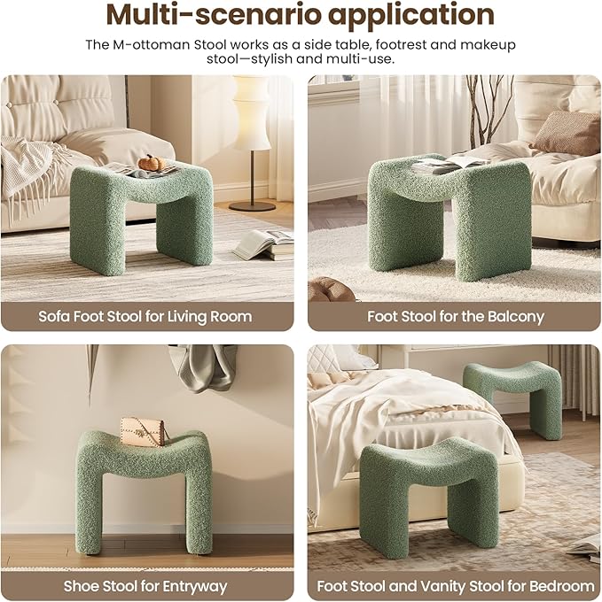 ZYKZYK Ottoman Vanity Seat, Plush Velvet Backless Stool and Small Foot Rest, Modern Accent Seating for Bedroom, Makeup Table or Living Room, Green