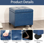 Homebeez Faux Leather Storage Ottoman with Steerable Rolling Wheels, 17.7" Square Small Foot Rest Stool Tufted Cube Footstool with Hinged Lid, Load 300 lb, for Living Room, Bedroom, Entryway, Blue