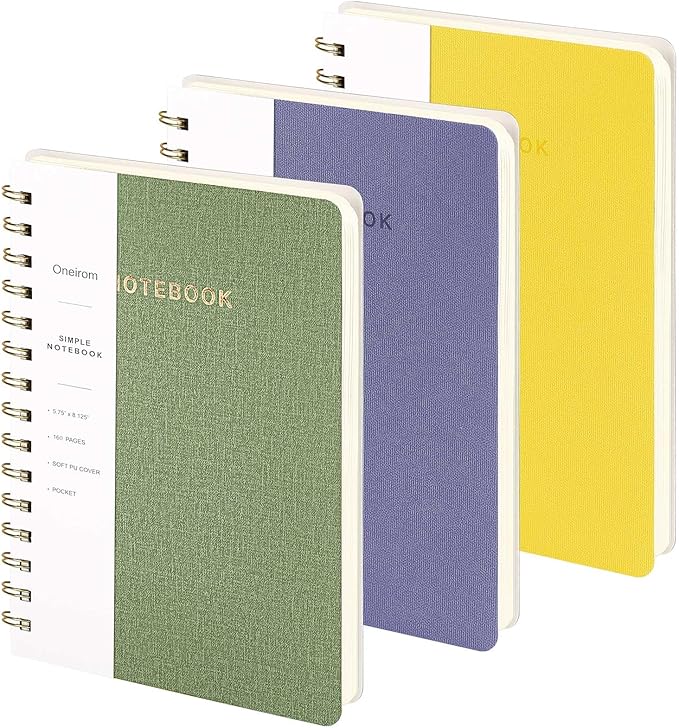 Spiral Notebook-5.75" x 8.125" College Ruled Journal with Inner Pockets and 160 Pages,PU Leather Cover Business Journal, Twin-Wire Binding Notebook Perfect for Office & Home School Supplies 3 pack ArmyGreen/Violet/LightYellow