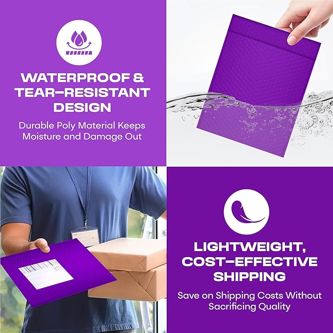 Purple Small Poly Bubble Mailers 6x10 inch #0 | Self Seal Padded Envelopes | Cushioned Bubble Mailer | Usable Size 6x9 | WaterProof | Lightweight mailing Shipping Bags | 500 Pack Bulk