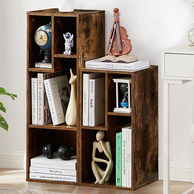 VECELO Narrow Bookshelf Set, Fits 9.3" × 10-12.8" Hardcovers, Cube Storage Bookcases, Free-Standing for Living Room, Bedroom, Home Office, 2/3-Tier, 2-Pack, Brown